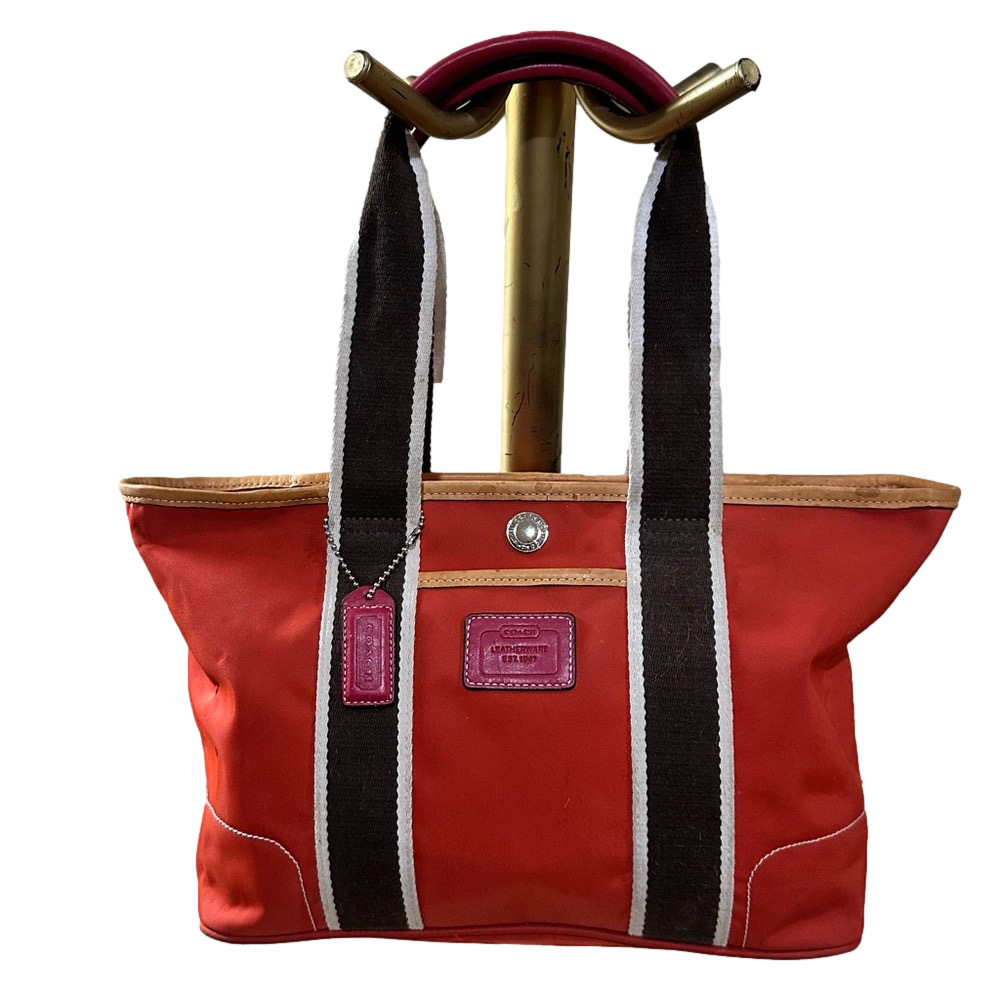 Coach Hampton Nylon Tote Bag Orange Red Leather Trim Shoulder Bag